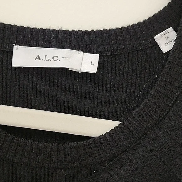 ALC Kellam Black Ribbed Cold Shoulder Ruffle Trim Stretch Knit Midi Dress Large - Picture 16 of 16